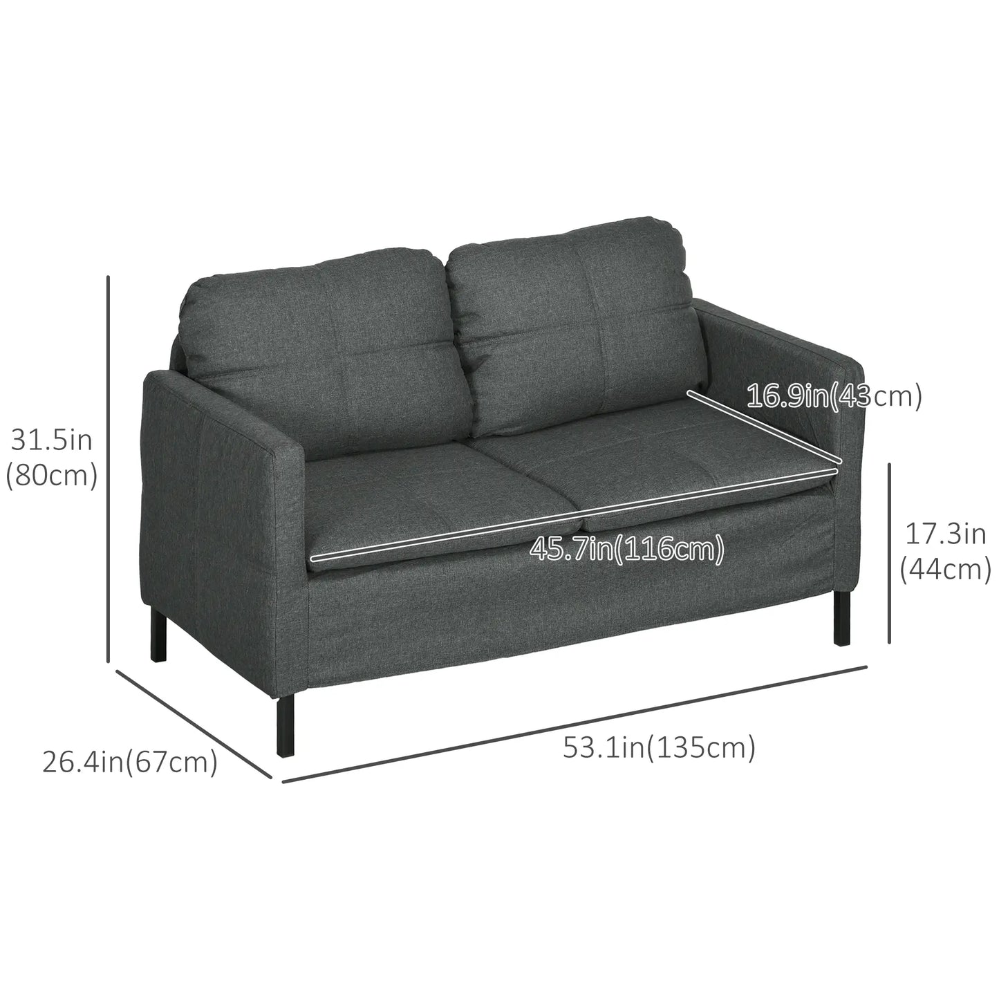 53" 2 Seat Sofa, Upholstered Two Seater Couch, Dark Grey 2-Seater Sofas at Gallery Canada