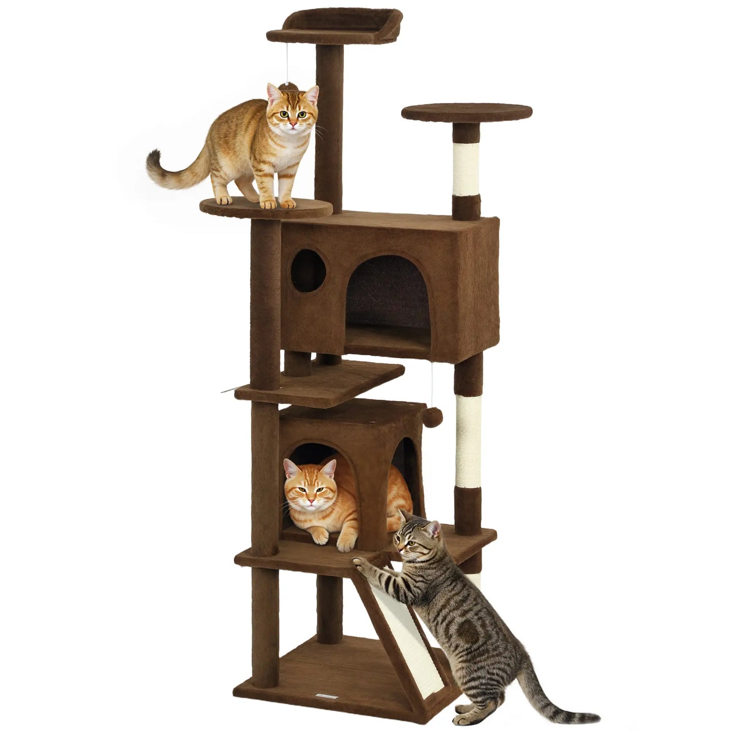 63" Cat Tree, Multi-Level Tower With Scratching Posts, Light Brown