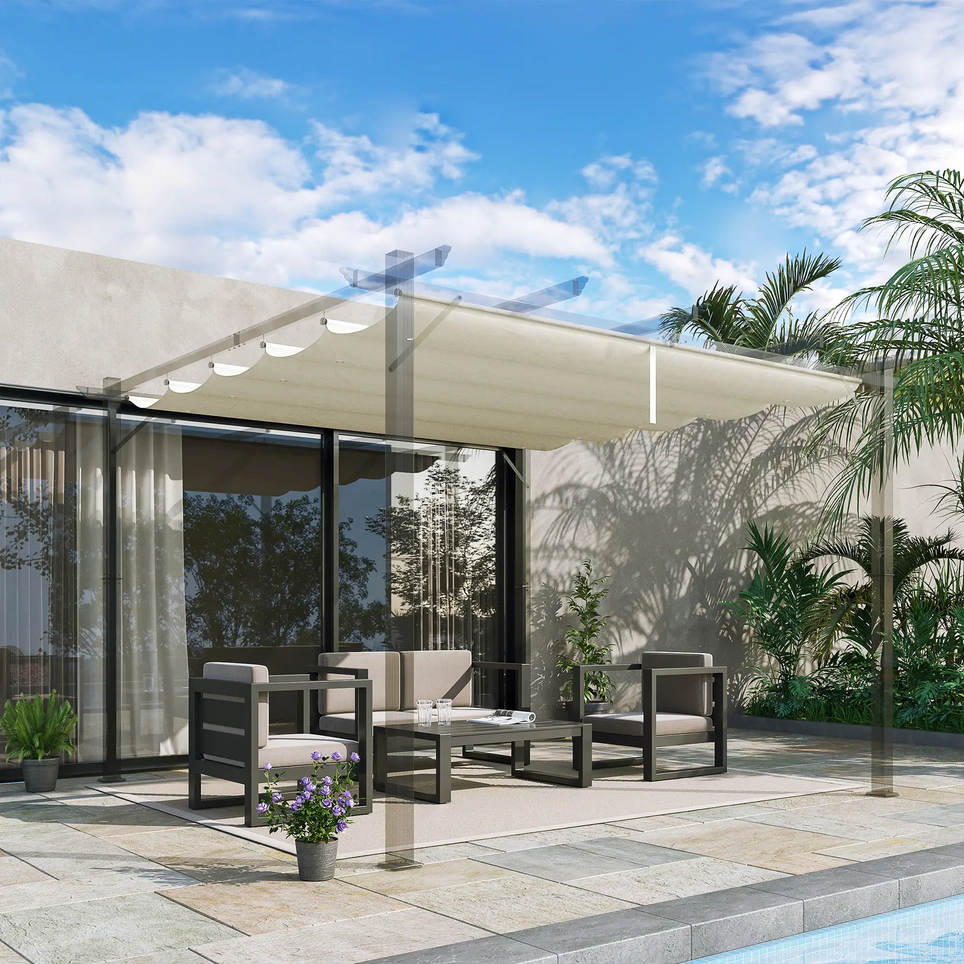 Retractable Pergola Canopy, 10' x 10', Cream White Gazebo Canopy Replacement at Gallery Canada