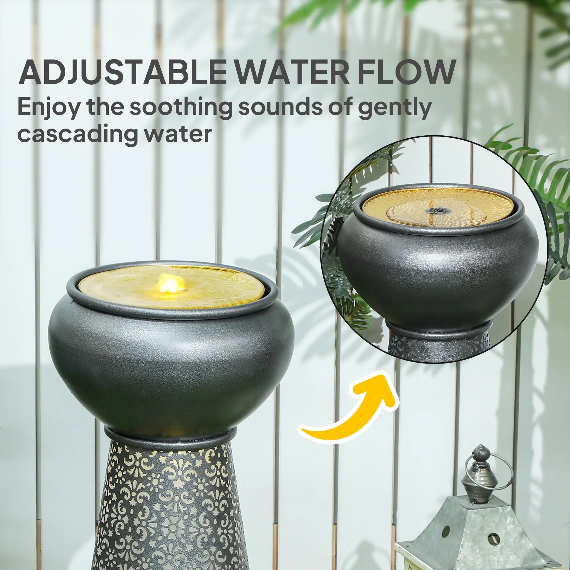 28" Tall Outdoor Water Fountain with LED Lights, Adjustable Flow, Dark Grey, Yellow Water Fountains at Gallery Canada