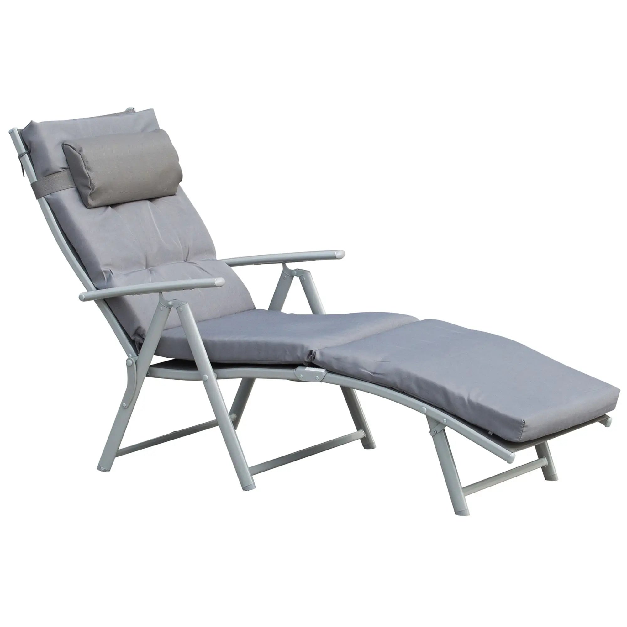 Outdoor Folding Chaise Lounge, Adjustable Backrest, Cushion, Headrest, Grey Lounger Chairs at Gallery Canada