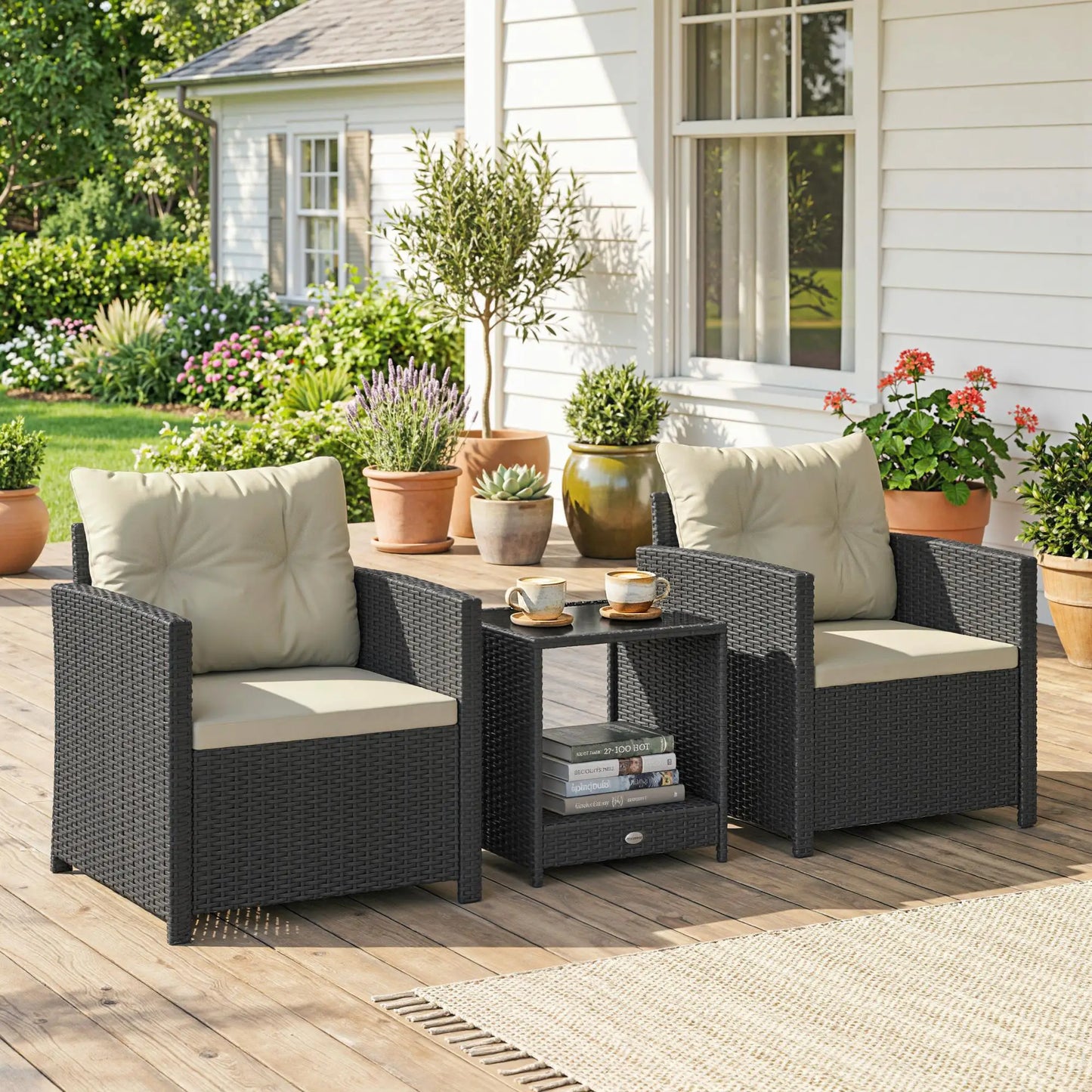 3 Piece Wicker Patio Set, 2-Tier Glass Top Table, Beige Bistro Sets at Gallery Canada