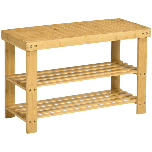 Banc à chaussures en bambou à 3 niveaux, bois naturel, 2 étagères