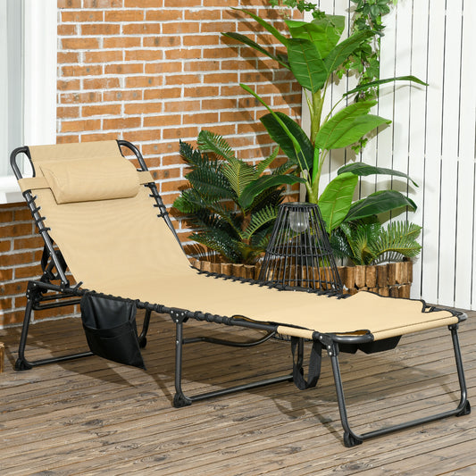 Folding Chaise Lounge with 5-level Reclining Back, Outdoor Tanning Chair, Outdoor Lounge Chair with Reading Hole, Side Pocket, Headrest, for Beach, Yard, Patio, Beige - Gallery Canada