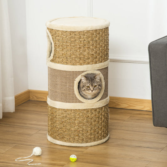 Cat Condo 3 Story Three Holes with Sisal Seaweed Scratching Cover Surface, Cat Tower for Indoor Cats, 15" x 28", Khaki and Brown - Gallery Canada