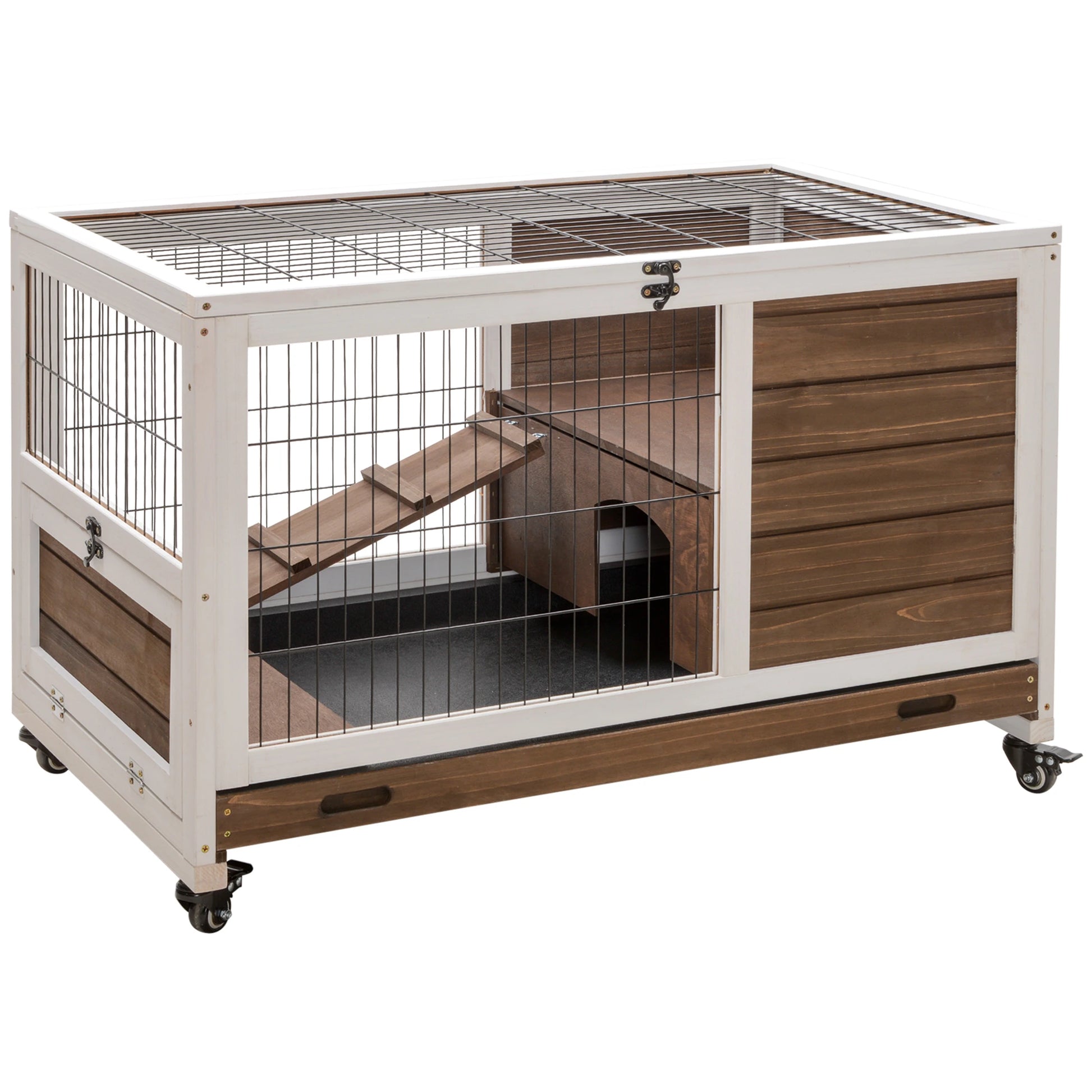 Wooden Indoor Rabbit Hutch, Elevated Bunny Cage with Wheels, Brown Rabbit Hutch Brown at Gallery Canada