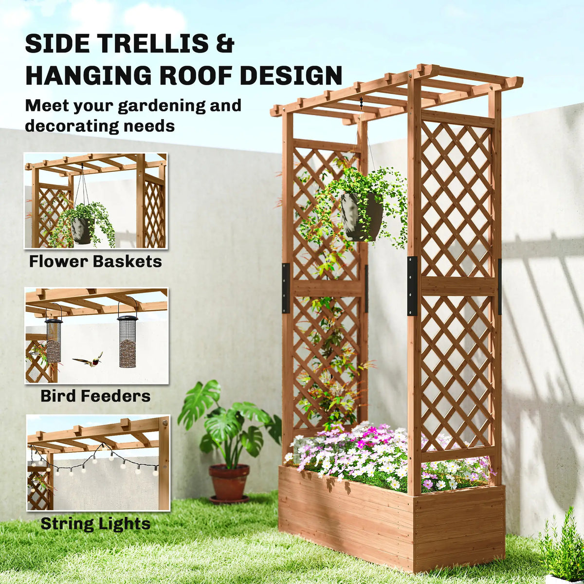 Lit de jardin surélevé en bois avec treillis et toit suspendu, orange