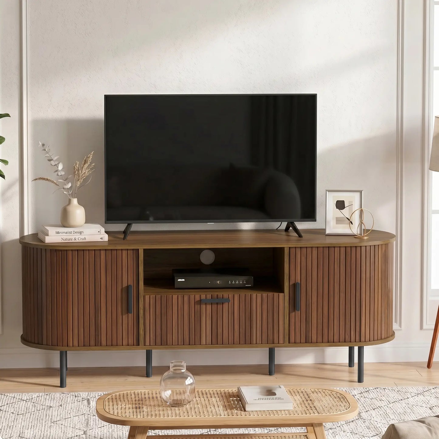 TV Stand for TVs up to 60", Modern Entertainment Center with Curved Sliding Doors and Storage, Brown