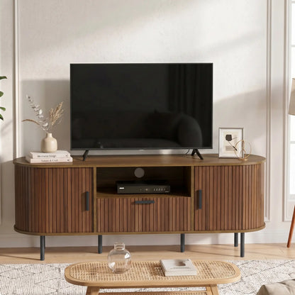 TV Stand for TVs up to 60", Modern Entertainment Center with Curved Sliding Doors and Storage, Brown