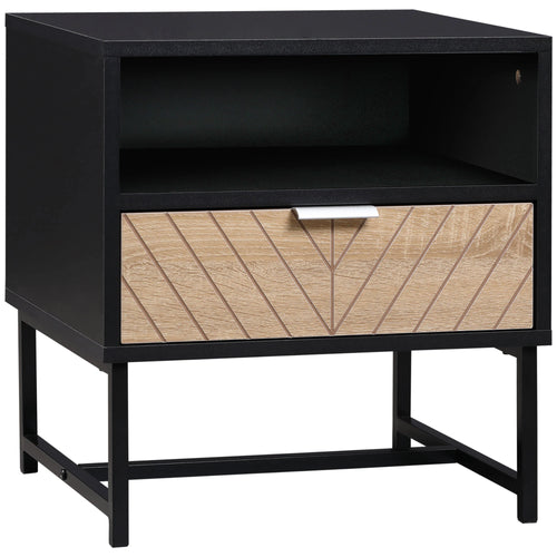 Modern Bedside Table with Drawer, Storage Shelf, Oak, Black