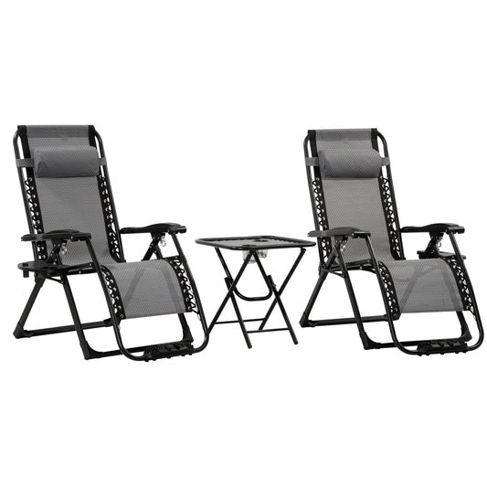 3 Pieces Foldable Patio Lounge Chair, Zero Gravity Chair Set of 2 with Side Table and Cup Holder, Reclining Chairs with Foot Massager Function, Headrest, Grey - Gallery Canada