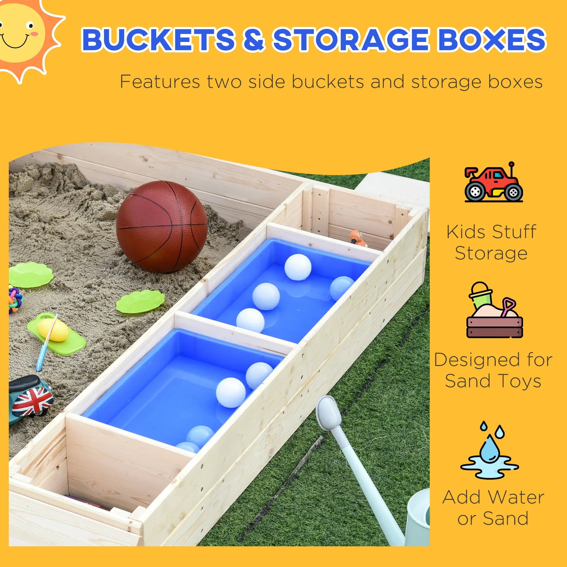 Kids Wooden Sandbox with Foldable Bench, 2 Plastic Boxes, Liner Sandboxes & Accessories at Gallery Canada