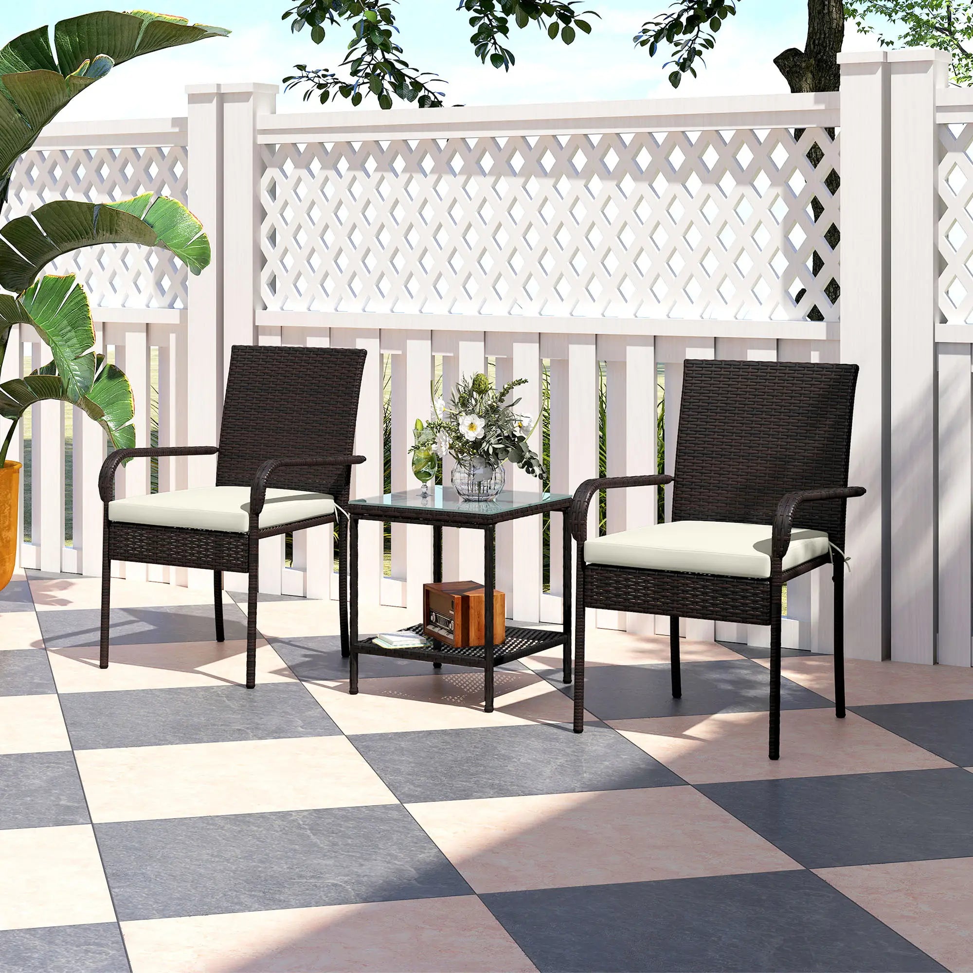 3 Piece Wicker Patio Set, Stackable Chairs, Washable Cushion, Tempered Glass Top, Brown Bistro Sets at Gallery Canada