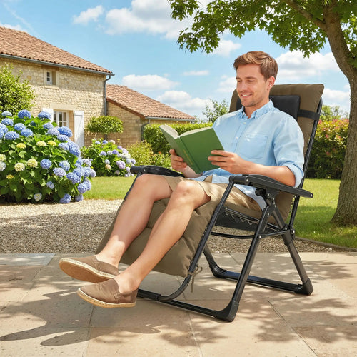 Folding Garden Chair, Reclining Zero Gravity Sun Lounger, Khaki