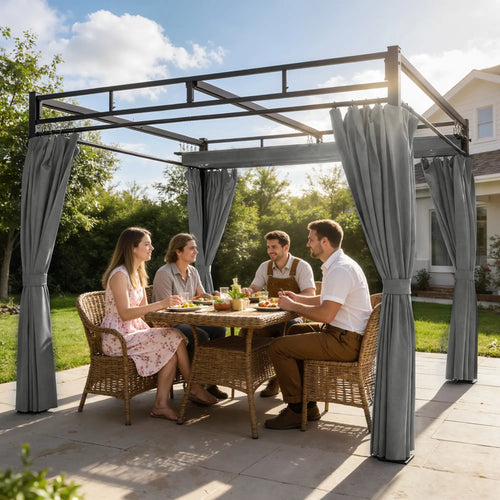10' x 10' Dark Grey Outdoor Gazebo, Retractable Pergola Canopy With Curtains, Dark Grey