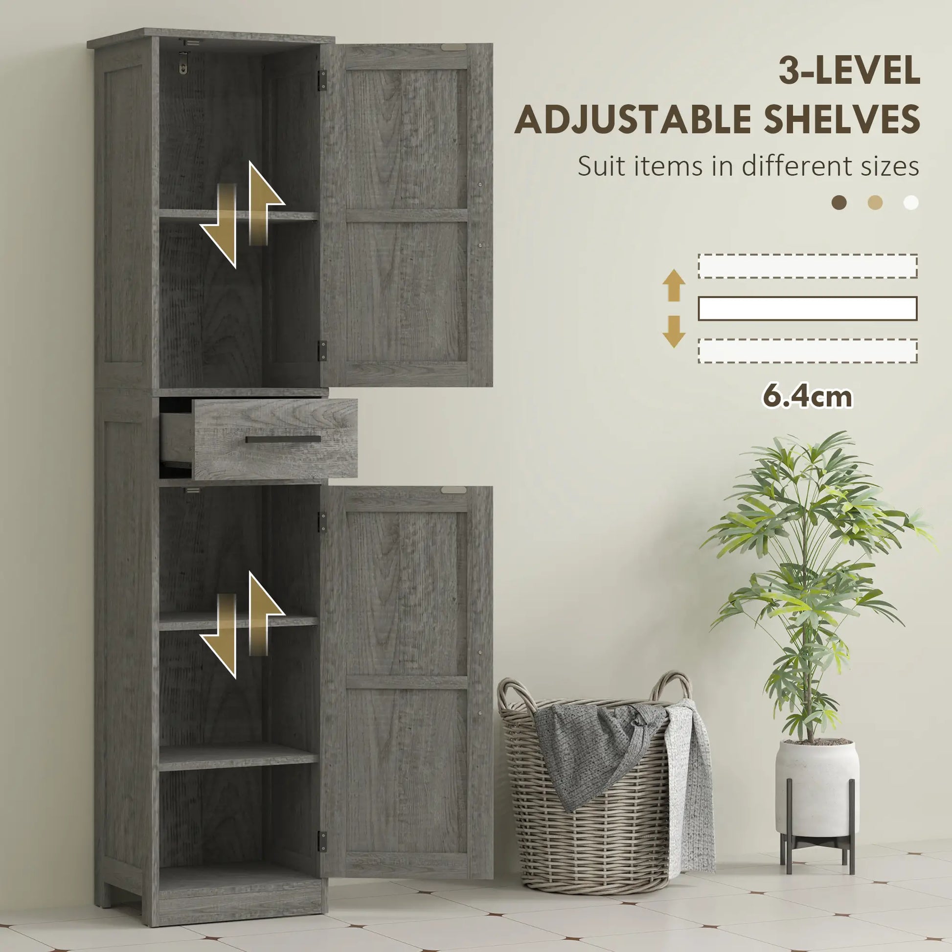 67" Tall Narrow Bathroom Cabinet, Adjustable Shelves, Barn Doors, Dark Grey Bathroom Cabinets at Gallery Canada