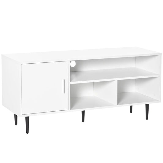 Modern TV Stand for 60 Inches, Storage Shelf, Cable Hole, White TV Stands White Body, Black Legs at Gallery Canada