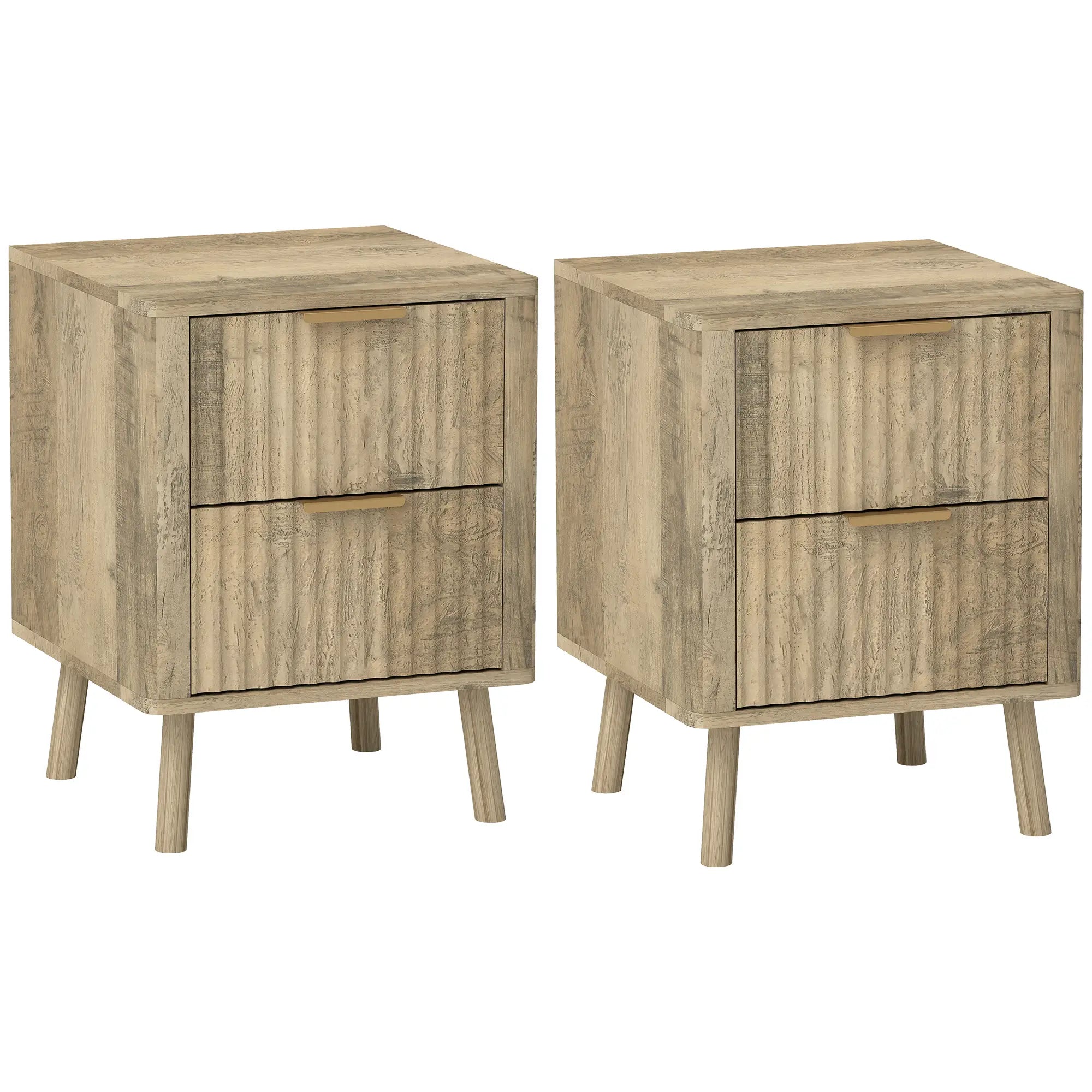 Night Stands Set of 2, Finger Pulls, Fluted Drawers, Round Edges, Oak Bedside Tables at Gallery Canada