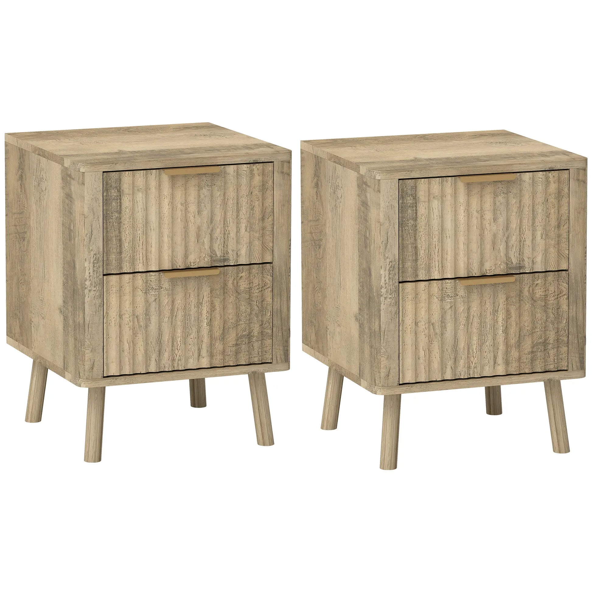 Night Stands Set of 2, Finger Pulls, Fluted Drawers, Round Edges, Oak Bedside Tables at Gallery Canada