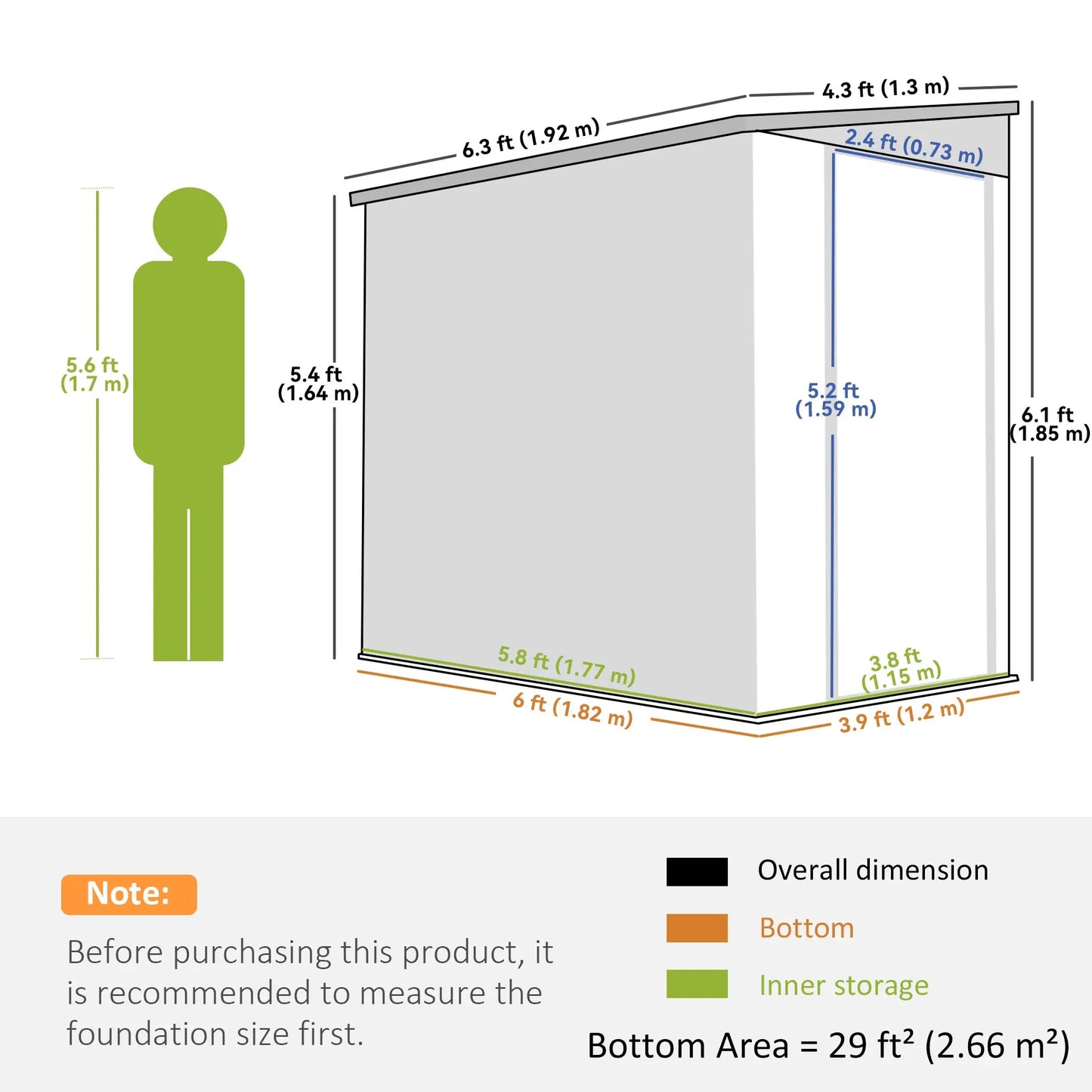 4,3' x 6,3' Abri de stockage extérieur en métal avec porte verrouillable, gris foncé