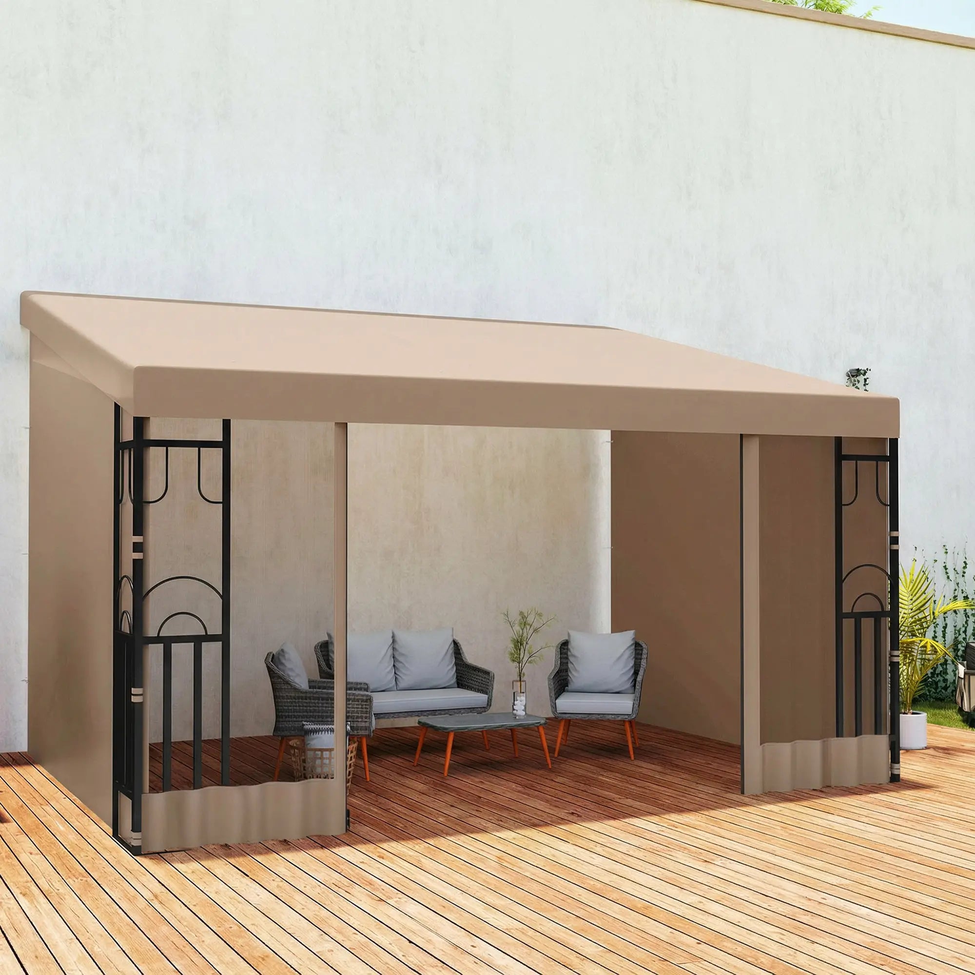 10' x 13' Wall Pergola, Outdoor Gazebo with Curtains, Nettings, Khaki Pergolas at Gallery Canada