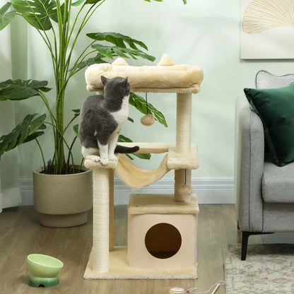 39.25'' Cat Tree Tower, Multi-Level Kitten House, Scratching Post, Hammock Bed, Beige Cat Posts at Gallery Canada