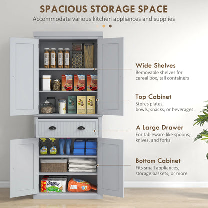 72" Kitchen Pantry, Freestanding Cabinet with Drawer, Doors, Grey Kitchen Pantry Cabinets at Gallery Canada