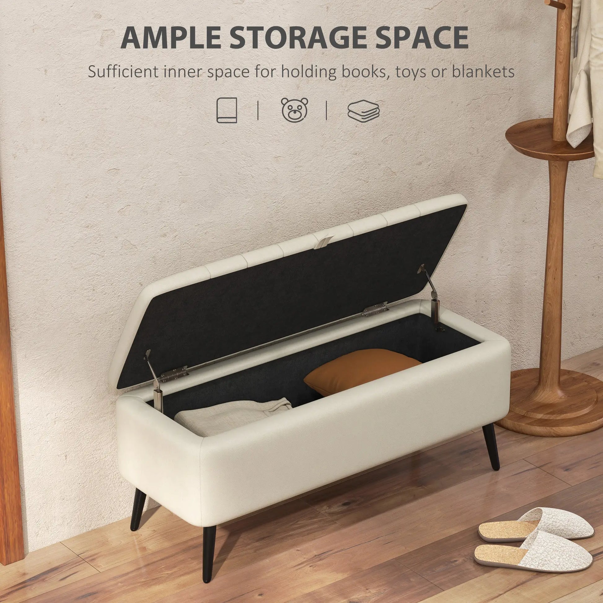 40" Ottoman with Storage, Linen Upholstered, Cream White Storage Ottomans & Benches at Gallery Canada