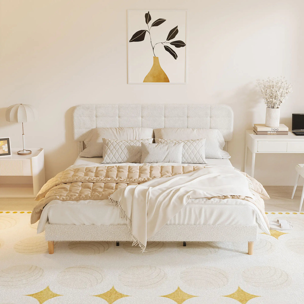 King Size Bed Frame, Adjustable Headboard, Upholstered Platform, White
