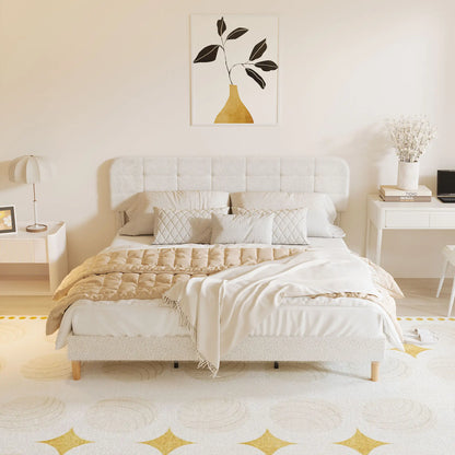 King Size Bed Frame, Adjustable Headboard, Upholstered Platform, White