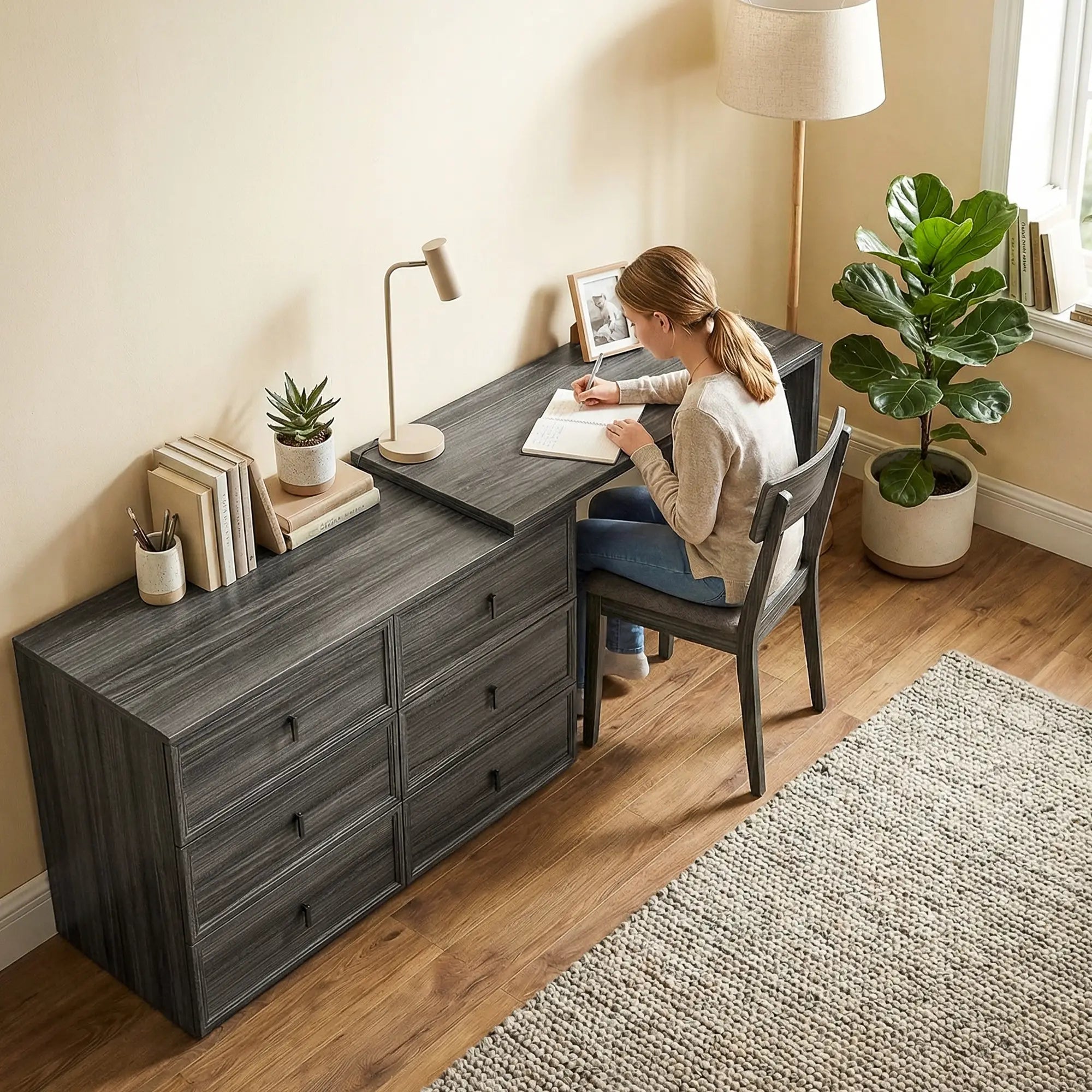 L Shaped Computer Desk, 6 Drawers, Wood Grain, Black Computer Desks at Gallery Canada