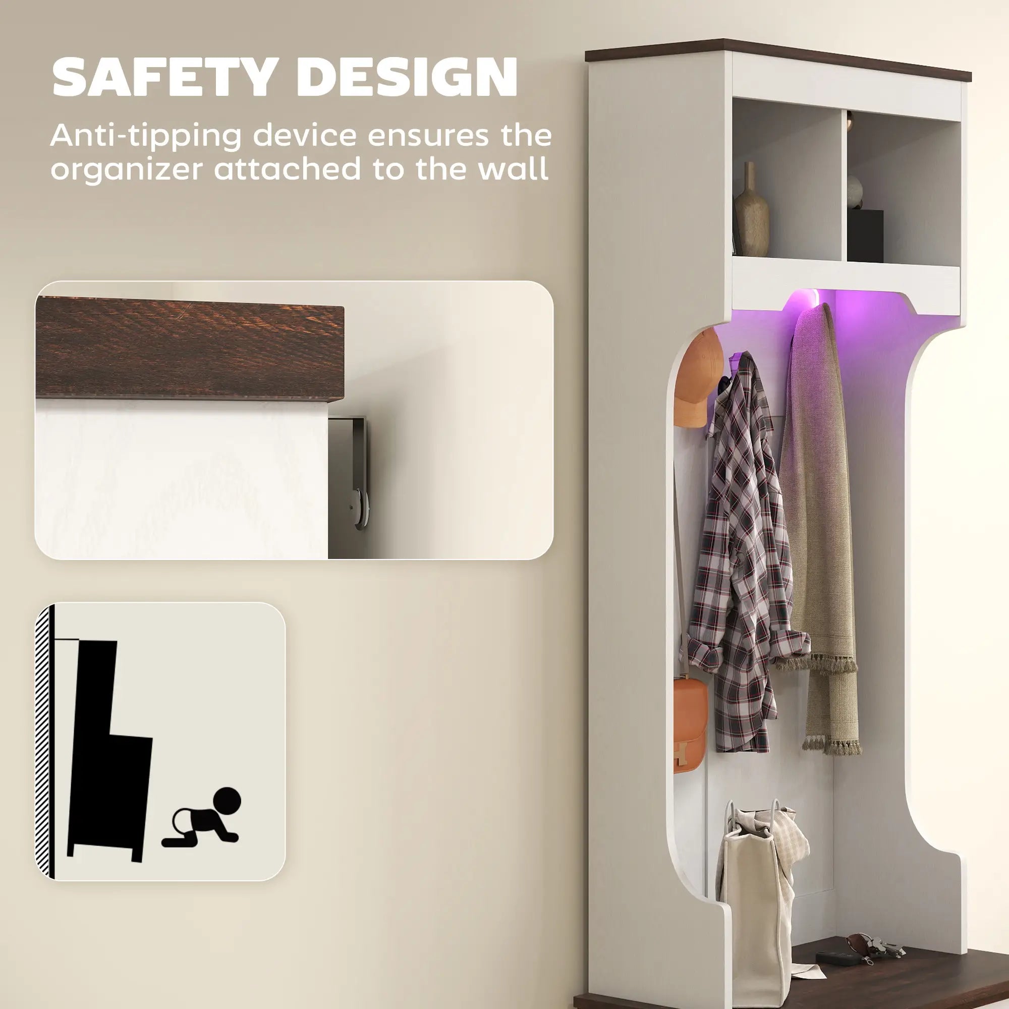 3-in-1 Hall Tree, LED Lights, Bench, Coat Rack, Shoe Storage, White Wood Grain, White Clothing Storage at Gallery Canada