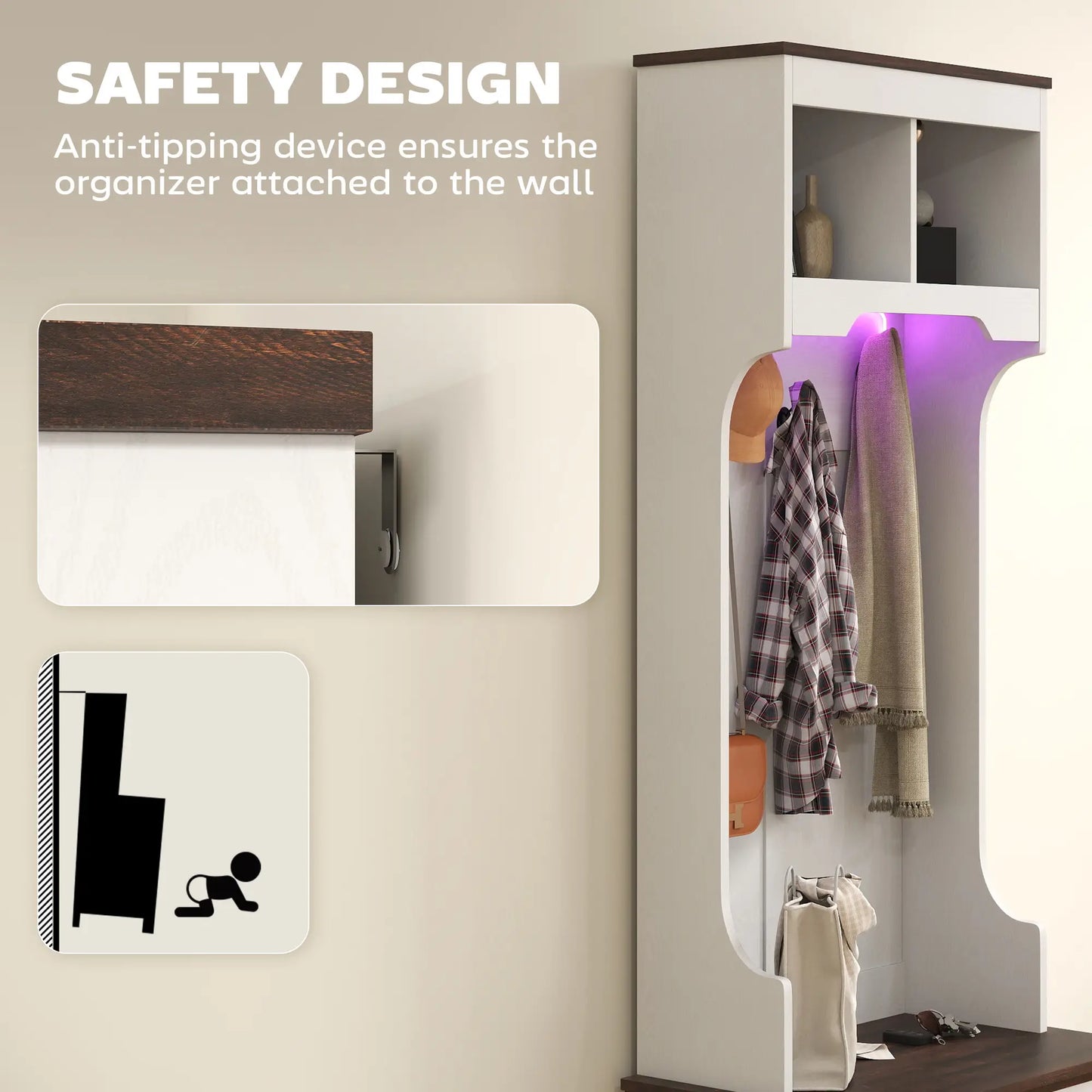 3-in-1 Hall Tree, LED Lights, Bench, Coat Rack, Shoe Storage, White Wood Grain, White Clothing Storage at Gallery Canada