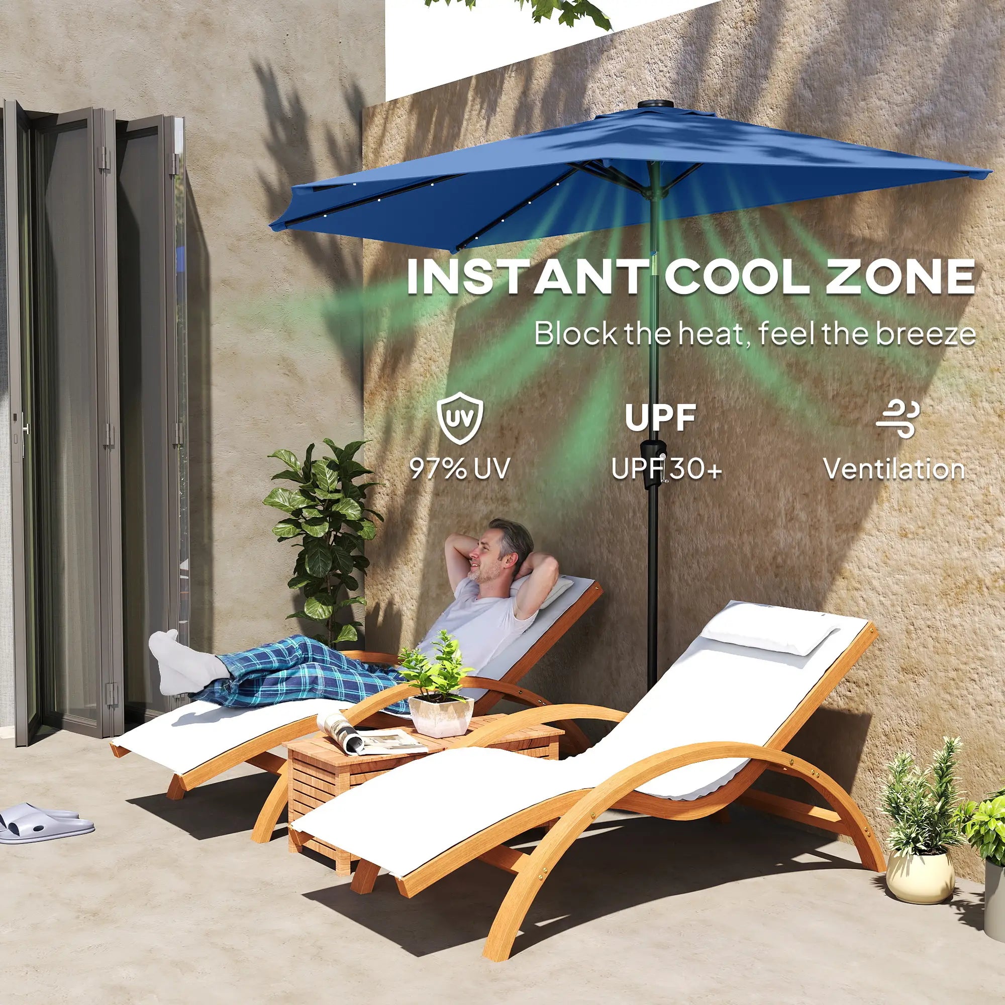 Half Patio Umbrella With Solar LED Lights, Crank, 105.1