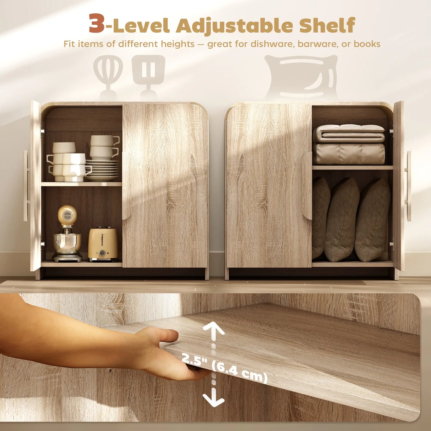 31.5" Kitchen Sideboard Cabinet, Natural Wood, Soft-Close Door, Adjustable Shelf Storage Cabinets at Gallery Canada