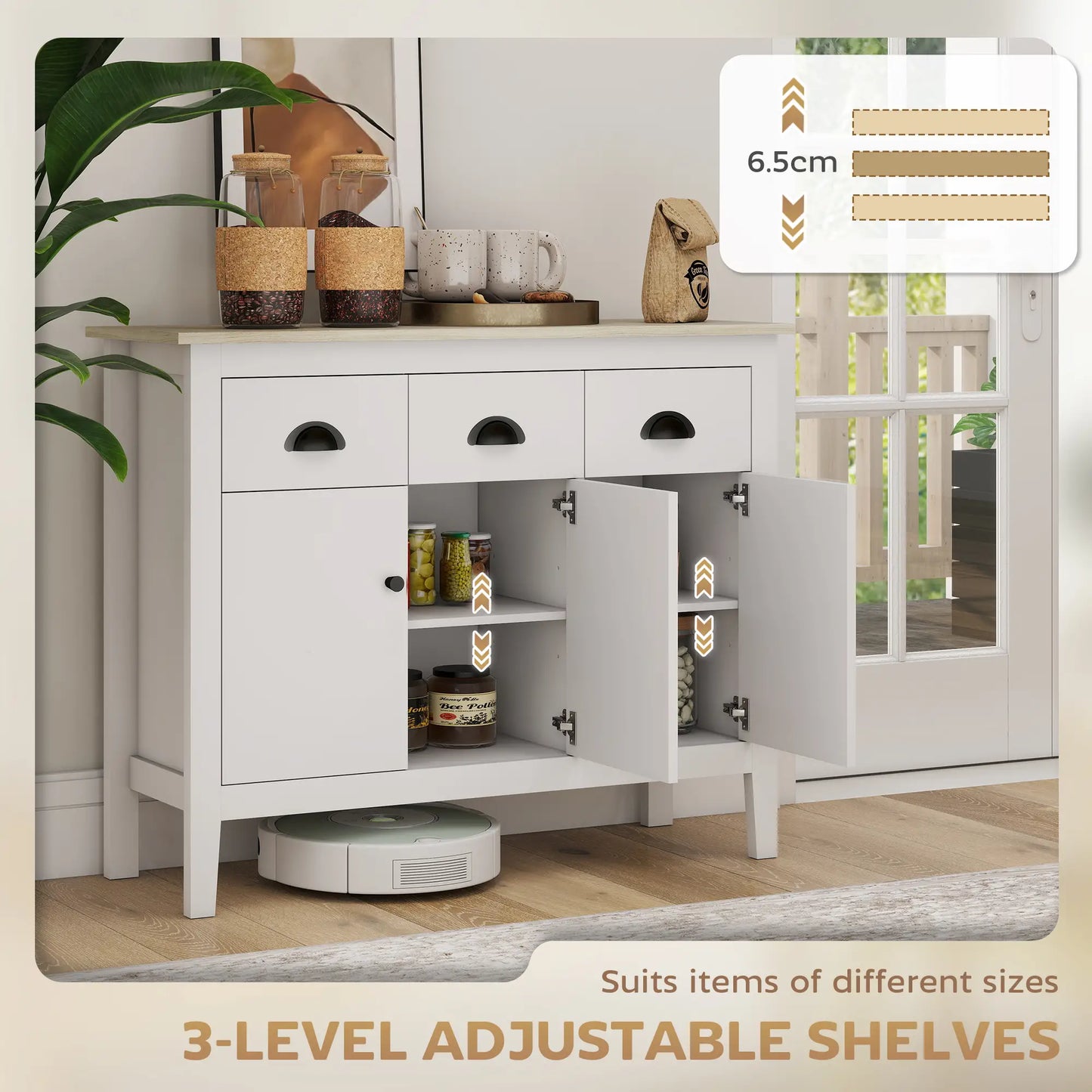 40" Sideboard Buffet Cabinet, 3 Drawers, 2 Adjustable Shelves, White