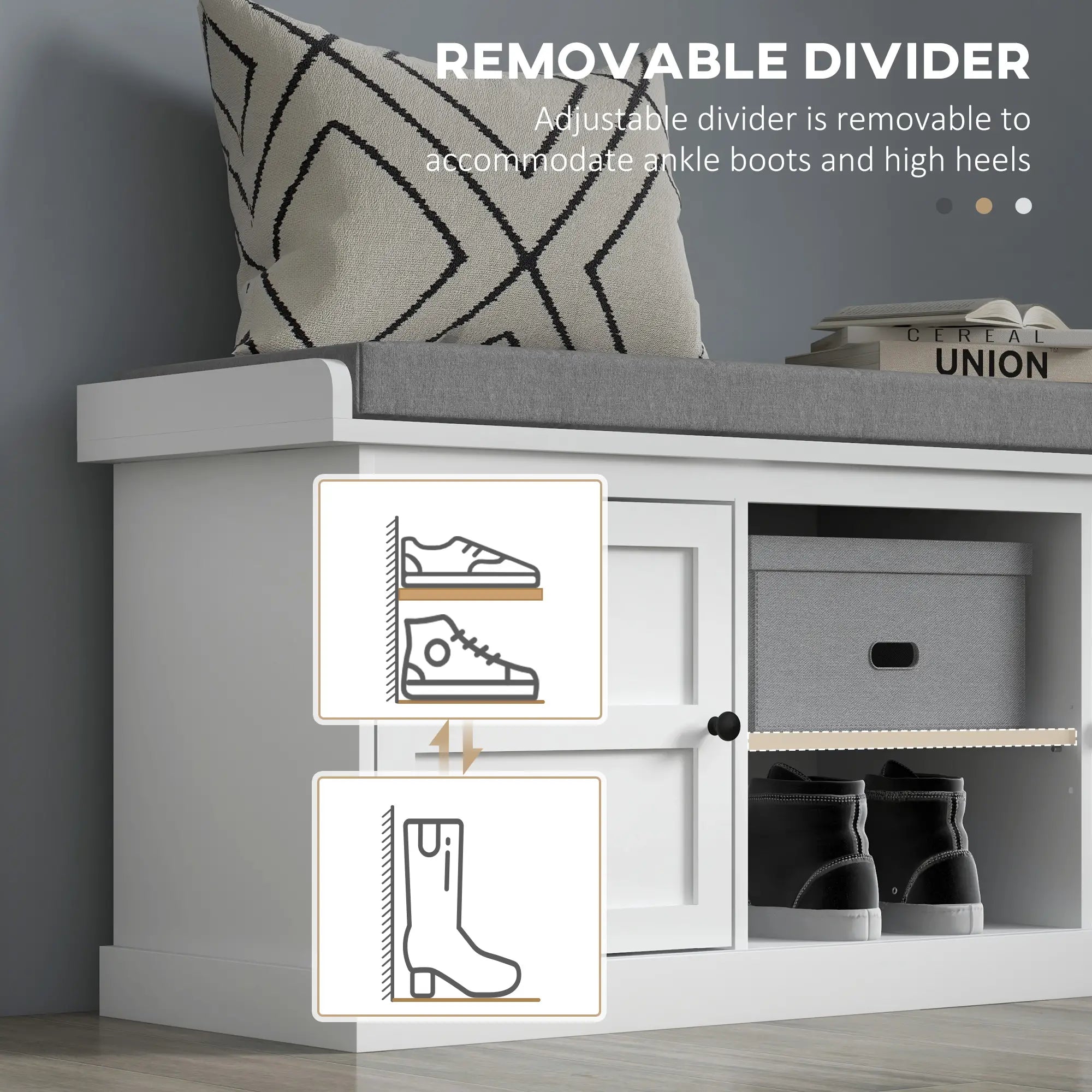Shoe Storage Bench with Cushioned Seat, 2 Cabinets, Adjustable Shelf, White Shoe Storage Cabinets & Racks at Gallery Canada