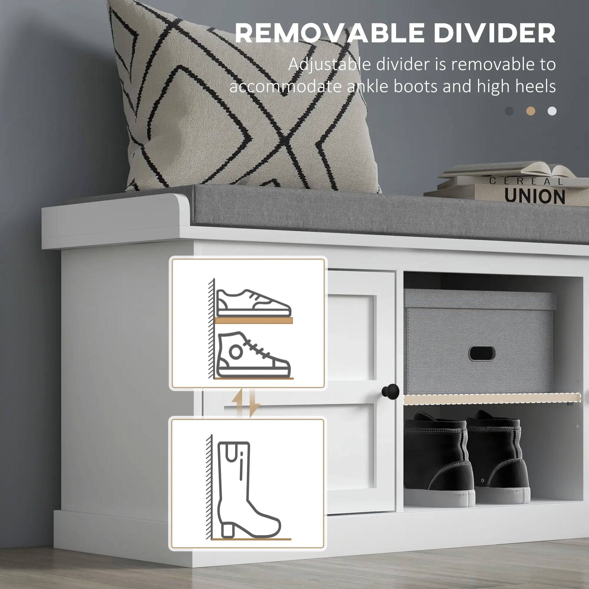 Shoe Storage Bench with Cushioned Seat, 2 Cabinets, Adjustable Shelf, White Shoe Storage Cabinets & Racks at Gallery Canada