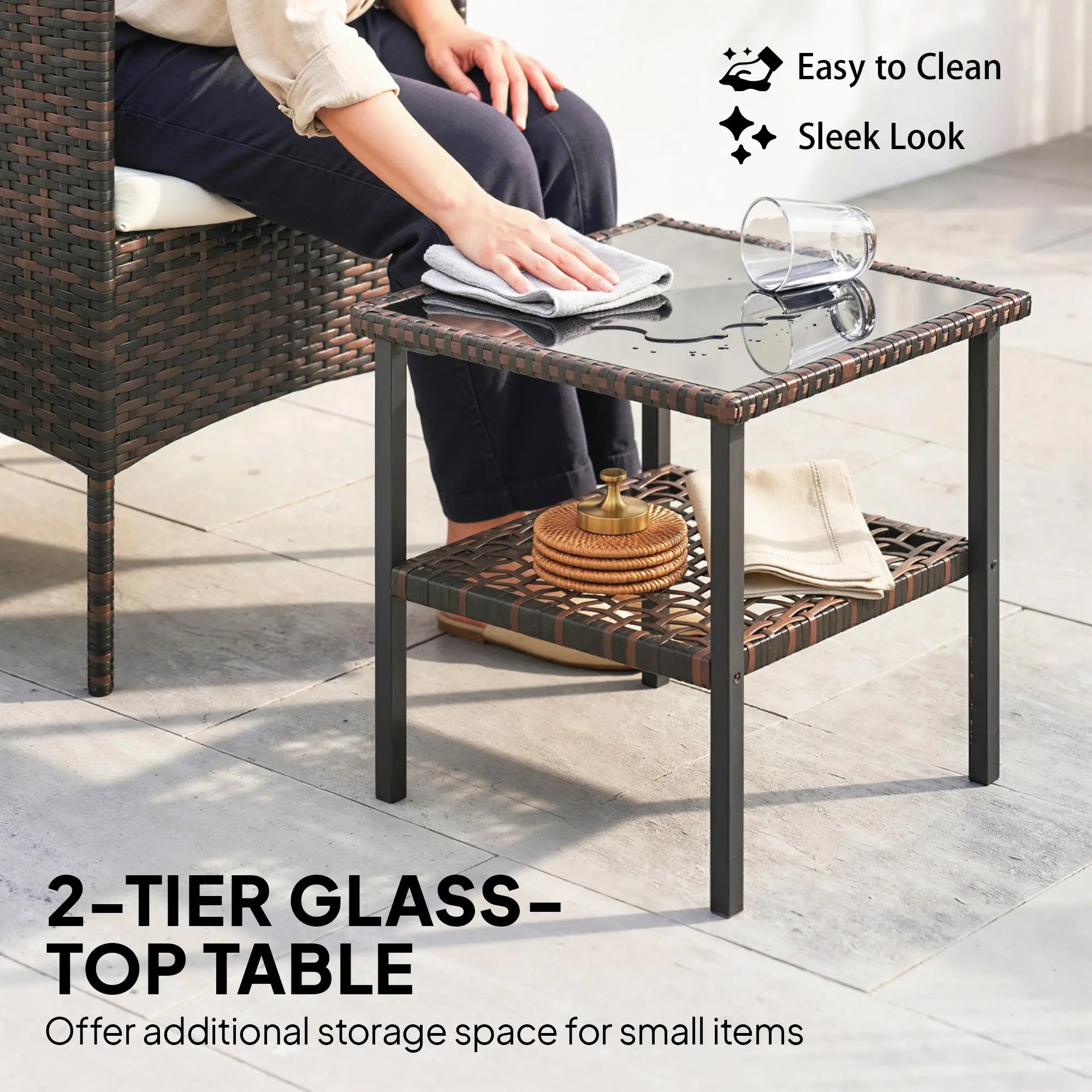 3-Piece Wicker Bistro Set, 2-Tier Glass Top Table, Beige Bistro Sets at Gallery Canada