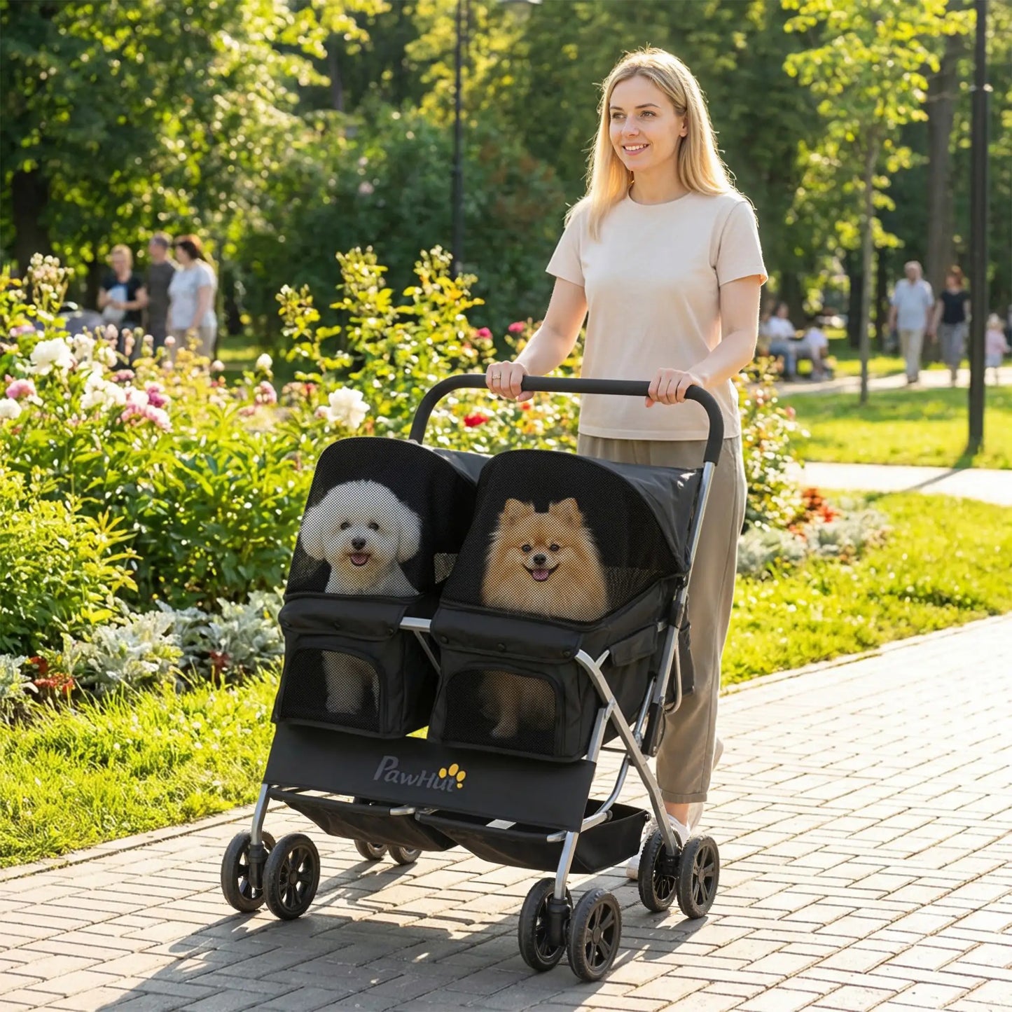 Double Pet Stroller, Foldable Dog Stroller with 2-Seater Carrier, Sunshade, Removable Pad, Safety Belt, Storage Basket Dog Bike Trailers & Strollers at Gallery Canada