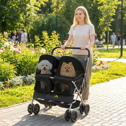 Double Pet Stroller, Foldable Dog Stroller with 2-Seater Carrier, Sunshade, Removable Pad, Safety Belt, Storage Basket Dog Bike Trailers & Strollers at Gallery Canada