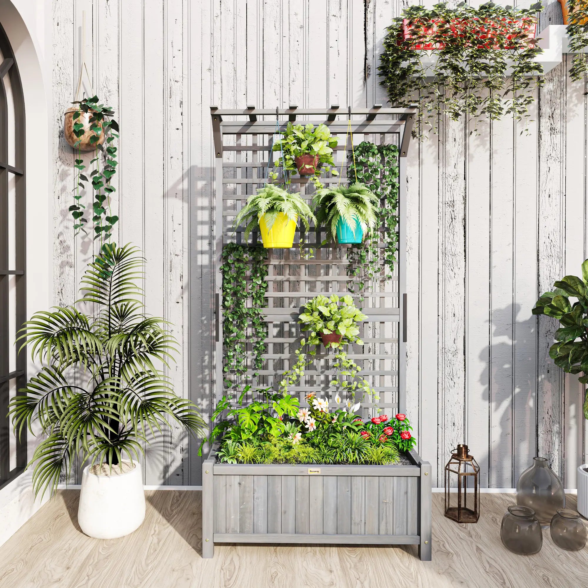 Wood Planter with Trellis, Raised Garden Bed, Privacy Screen, Dark Grey Wooden Planter Boxes at Gallery Canada
