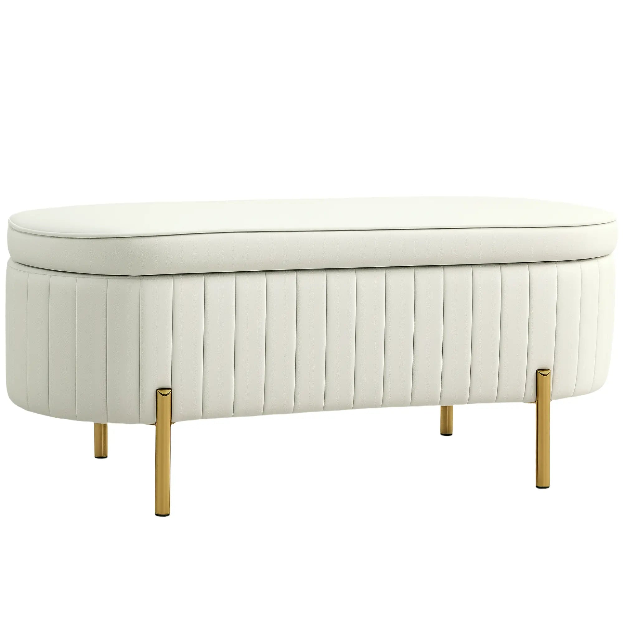 Upholstered Channel Tufted Ottoman Bench, Thick Padding, Metal Legs, Cream White Storage Ottomans & Benches at Gallery Canada