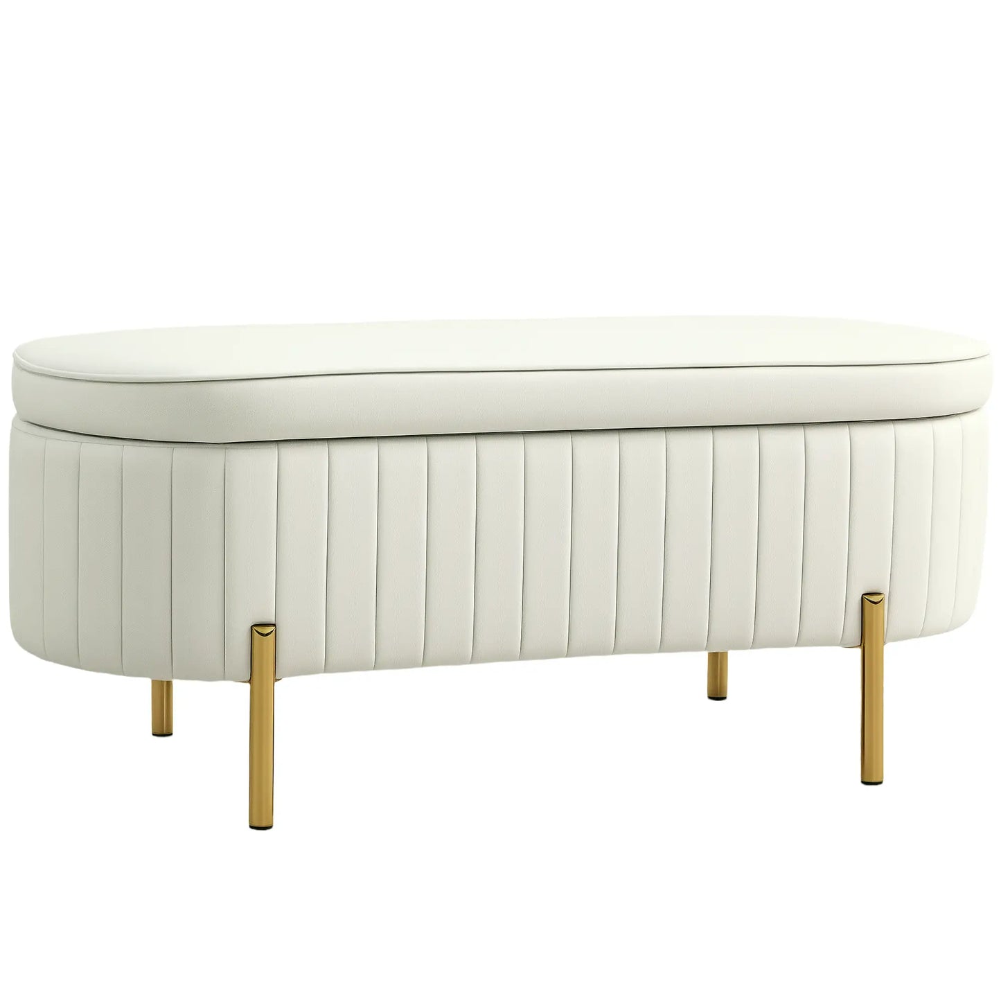 Upholstered Channel Tufted Ottoman Bench, Thick Padding, Metal Legs, Cream White Storage Ottomans & Benches at Gallery Canada