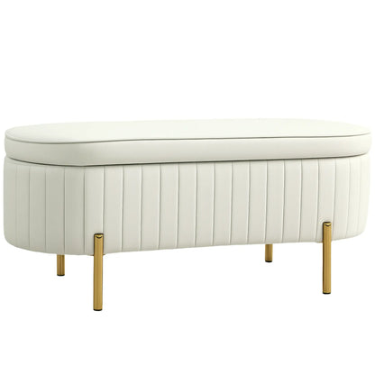 Upholstered Channel Tufted Ottoman Bench, Thick Padding, Metal Legs, Cream White Storage Ottomans & Benches at Gallery Canada