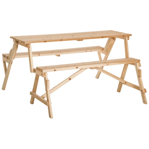 Wooden Folding Picnic Table with Benches, Outdoor Convertible Patio Garden Bench, Umbrella Hole