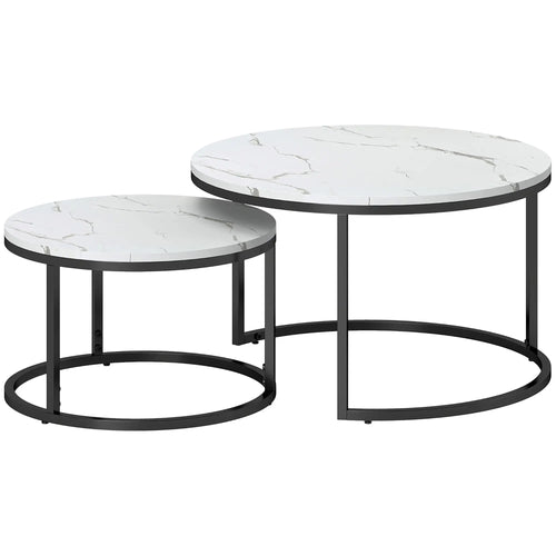 Modern Coffee Table Set of 2, Nesting Side Tables, Metal Base, Faux Marbled, White