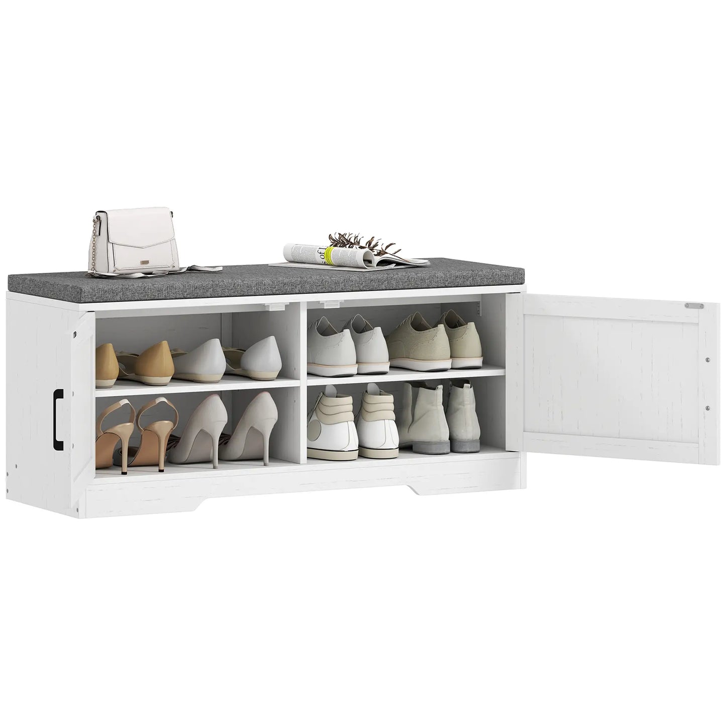 Shoe Bench With Cushion, Adjustable Shelves, Doors, White