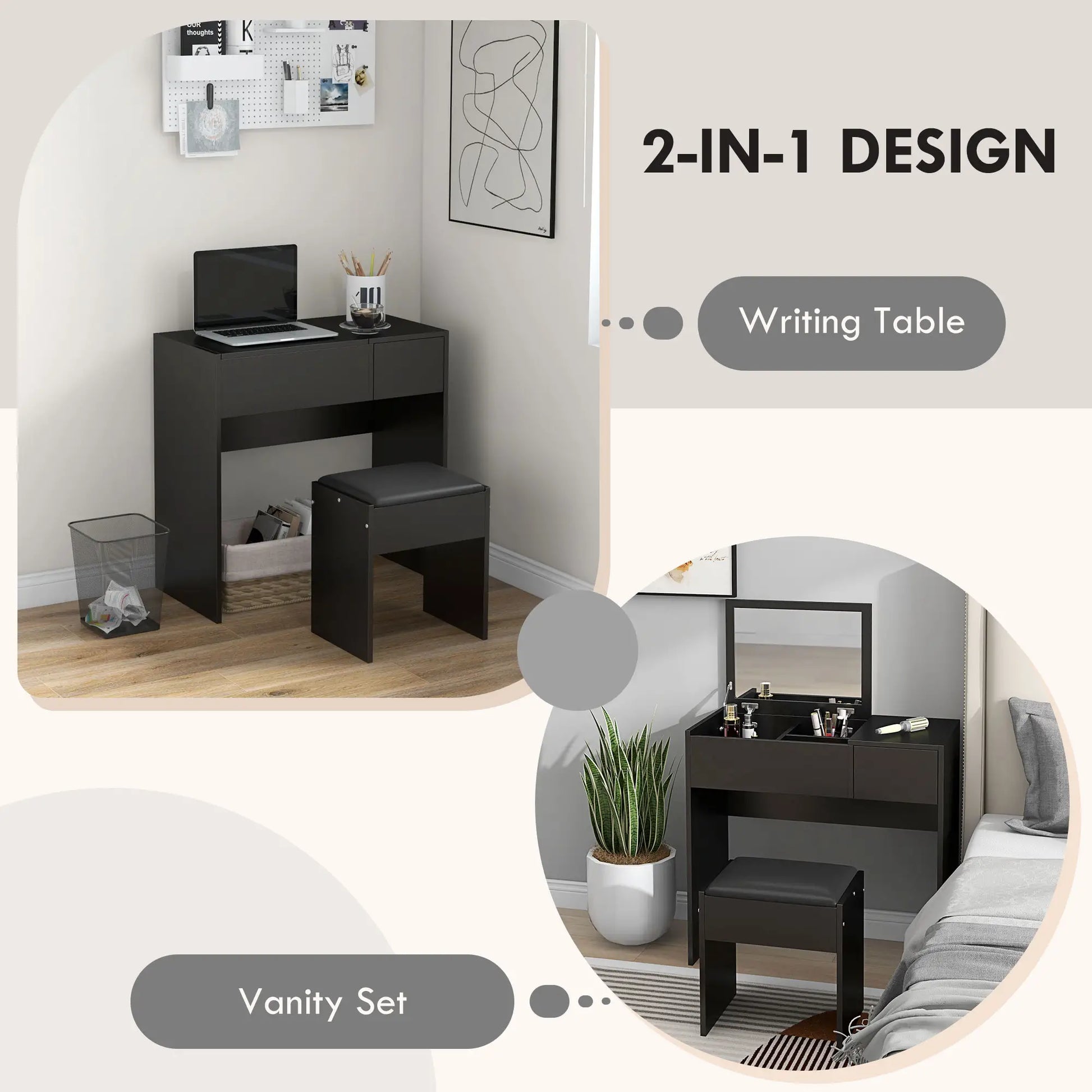 Modern Vanity Set with Flip Top Mirror, Cushioned Stool, Black Dressing & Vanity Tables at Gallery Canada