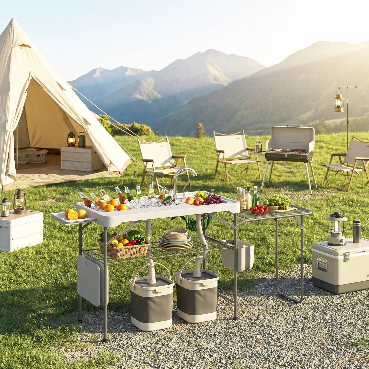 Folding Portable Camping Sink, Side Shelf, Bottom Rack, White Picnic Tables & Camping Chairs at Gallery Canada